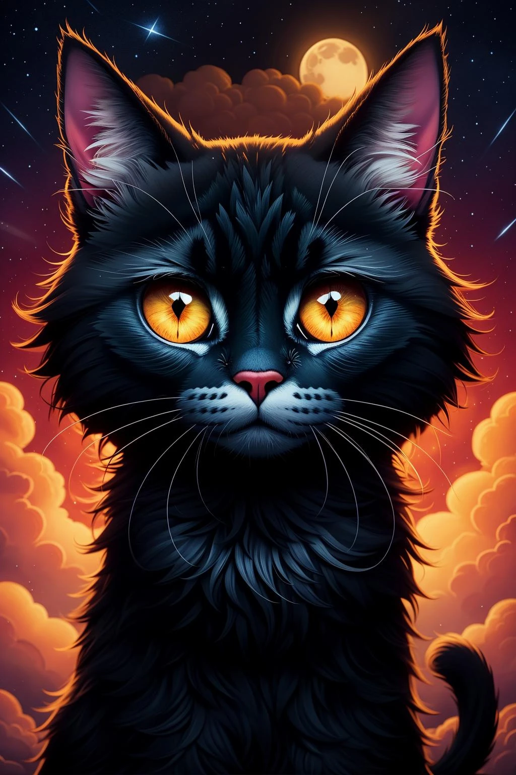 dark sky, big eyes,clouds, stars, cosmos, abstract, cute face, close eyes, moon, cat,by Andy Kehoe, (intricate details, hyperdetailed:1.21), cinematic, Remodernism