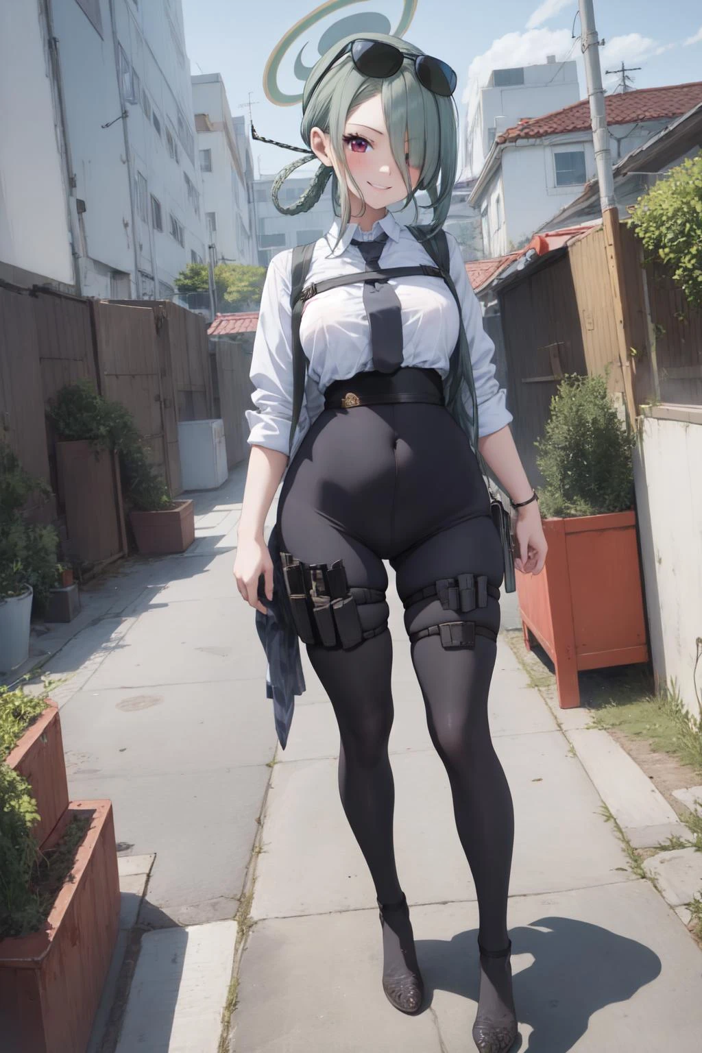 (masterpiece:1.3), (absurdres:1.3), (best quality:1.3), (ultra-detailed:1.3), 1girl, looking at viewer, full body, smile, outdoors, minaid, halo, white shirt, hair over one eyes, green necktie, black pantyhose, thigh strap, <lora:minaid-11D:1>,