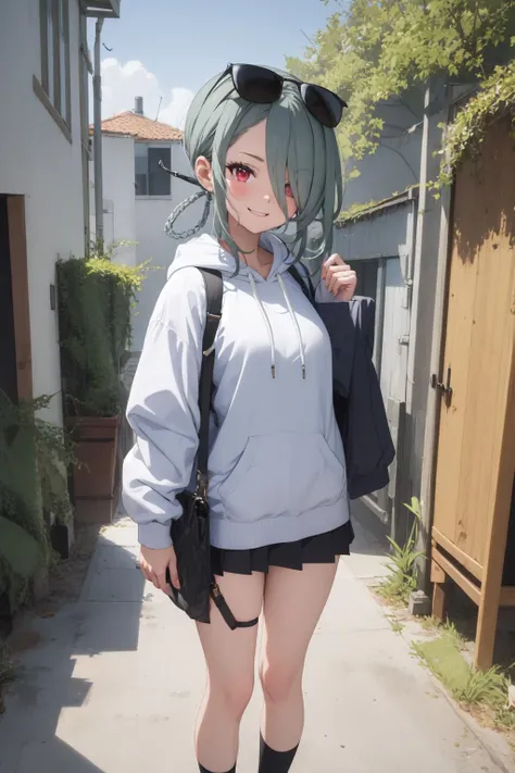 (masterpiece:1.3), (absurdres:1.3), (best quality:1.3), (ultra-detailed:1.3), 1girl, looking at viewer, full body, smile, outdoors, minaid, hair over one eyes, short hair, red eyes, <lora:minaid-09D:1>, pink hoddie, black miniskirt,