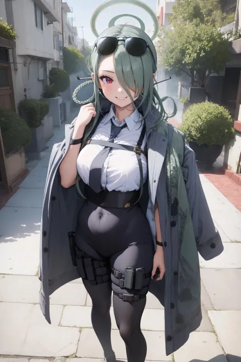 (masterpiece:1.3), (absurdres:1.3), (best quality:1.3), (ultra-detailed:1.3), 1girl, looking at viewer, full body, smile, outdoors, minaid, halo, white shirt, jacket on shoulders, hair over one eyes, green necktie, black pantyhose, thigh strap, <lora:minaid-11D:1>,