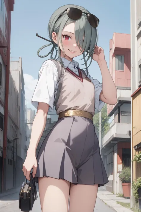 (masterpiece:1.3), (absurdres:1.3), (best quality:1.3), (ultra-detailed:1.3), 1girl, looking at viewer, half body, smile, outdoors, minaid, hair over one eyes, short hair, red eyes, <lora:minaid-11D:1>, tokiwadai school uniform, <lora:tokiwadai_school_uniform:1>