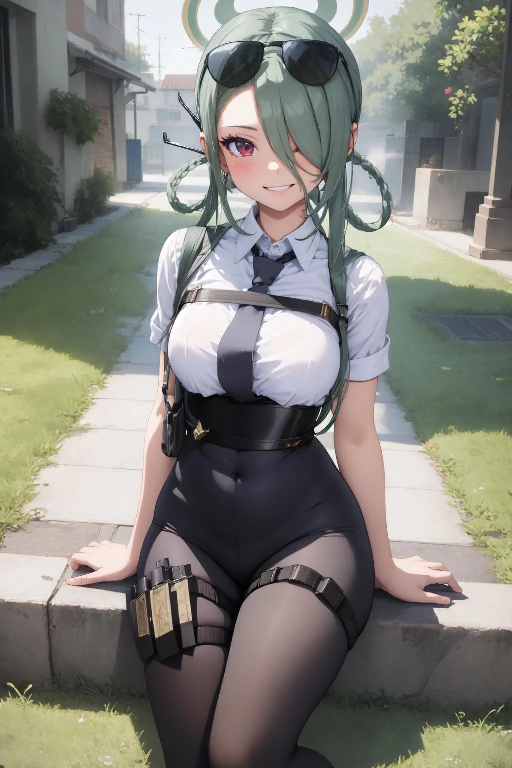 (masterpiece:1.3), (absurdres:1.3), (best quality:1.3), (ultra-detailed:1.3), 1girl, looking at viewer, full body, smile, outdoors, minaid, halo, white shirt, hair over one eyes, green necktie, black pantyhose, thigh strap, <lora:minaid-11D:1>,