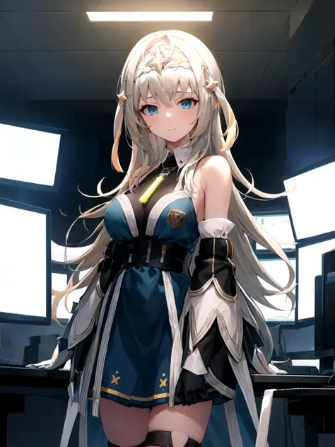 masterpiece, best quality, 1girl, solo, dspoli, white hair, long hair, blue eyes, hairband, hair ornament, necklace, dress, bare shoulders, detached sleeves, gloves, thighhighs, standing, indoors, high-tech control room, computer, monitor, cowboy shot
 <lyco:dspoli_lc_768:1>