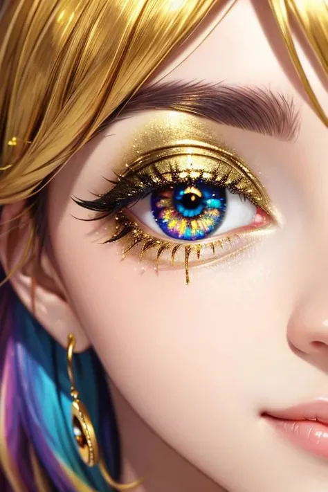 big eye, golden metal rainbow shimmer, golden treasure, realism, eye rings, shiny, jewelry, golden eyelashes, EyeD, quality <lora:EyeD:1>