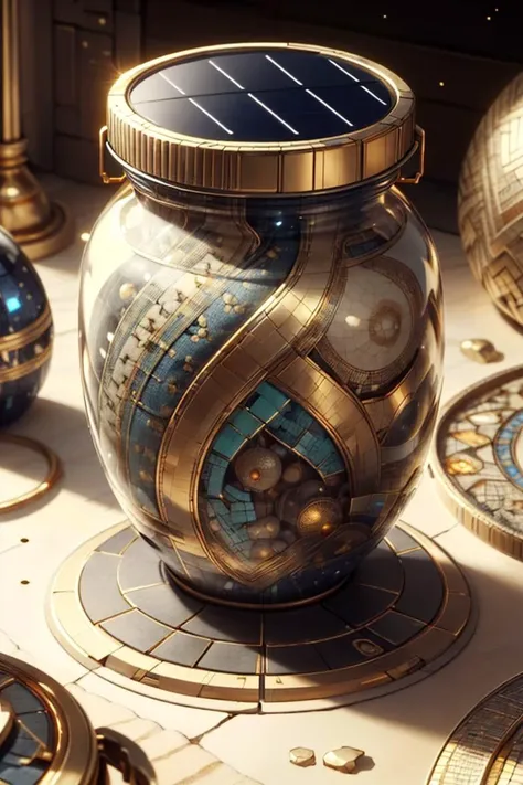 <lora:CarthageTech-26:0.8>, carthagetech, scifi, solar age, gold mosaic, Jar