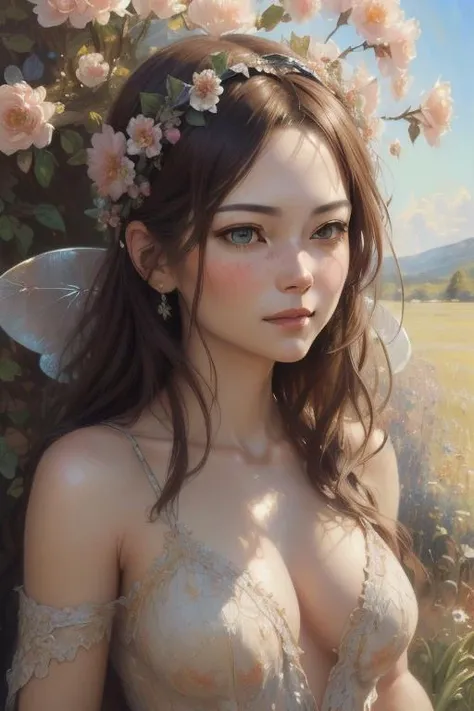 ((amazing quality, award winning, intricately detailed, ultra realistic, extremely detailed 8K)), ((oil painting by Henry Asencio)) portrait of fairy, floral headband, faded art,