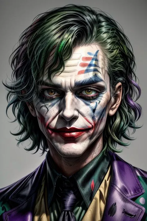 Cowboy Shot,((glossy eyes)),(masterpiece, best quality:1.4)best quality, high detail, (detailed face), detailed eyes, (beautiful, aesthetic, perfect, delicate, intricate:1.0), joker painting of a man with green hair and a yellow jacket, digital art by Nicholas Marsicano, reddit, digital art, portrait of joker, portrait of the joker, portrait of a joker, the joker, joker, from joker (2019), #1 digital painting of all time, # 1 digital painting of all time, film still of the joker, <lora:more_details:1>