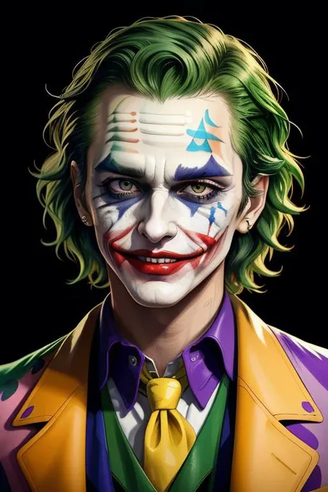 Cowboy Shot,((glossy eyes)),(masterpiece, best quality:1.4)best quality, high detail, (detailed face), detailed eyes, (beautiful, aesthetic, perfect, delicate, intricate:1.0), joker painting of a man with green hair and a yellow jacket, digital art by Nicholas Marsicano, reddit, digital art, portrait of joker, portrait of the joker, portrait of a joker, the joker, joker, from joker (2019), #1 digital painting of all time, # 1 digital painting of all time, film still of the joker,