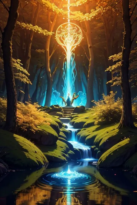 digital art, Elven ring with intricate design, luminescent, glowing, burning with fire magic, water, intricately detailed, J.R.R. Tolkien's Middle-earth, dark spring forest at night background, in deep shadows, grandiose design, volumetric lighting, strong rim light, radiant light, refraction