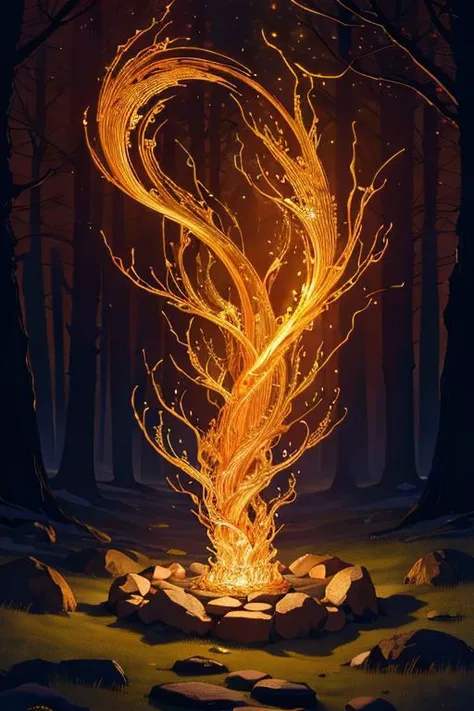 digital art, Elven ring with intricate design, luminescent, glowing, burning with fire magic, water, intricately detailed, J.R.R. Tolkien's Middle-earth, dark spring forest at night background, in deep shadows, grandiose design, volumetric lighting, strong rim light, radiant light, refraction