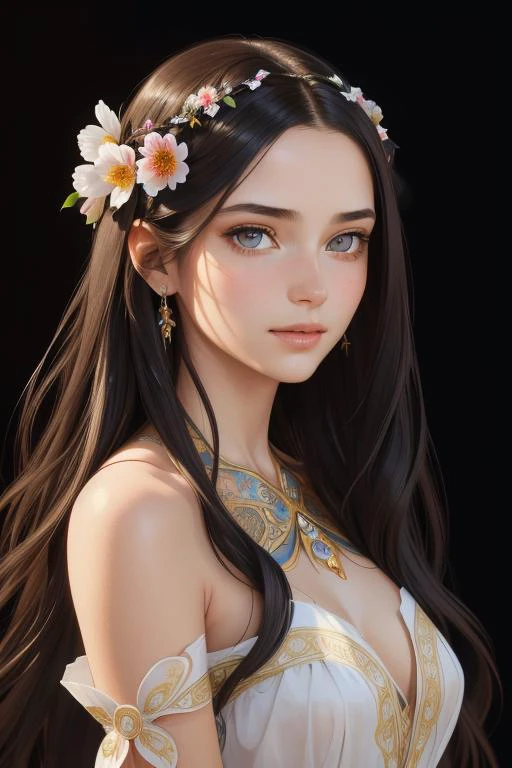 portrait of a beautiful young woman with long hair, wearing an embroidered dress made from flowers and vines. bare shoulders, happy, (((detailed face, detailed eyes))), smooth skin, by alphonse mucha artgerm lau wlop rossdraws james cameron black background chiaroscuro dramatic lighting perfect composition high definition 8k 1080p oil painting detailed intricate ink illustration canon eos r3 fu