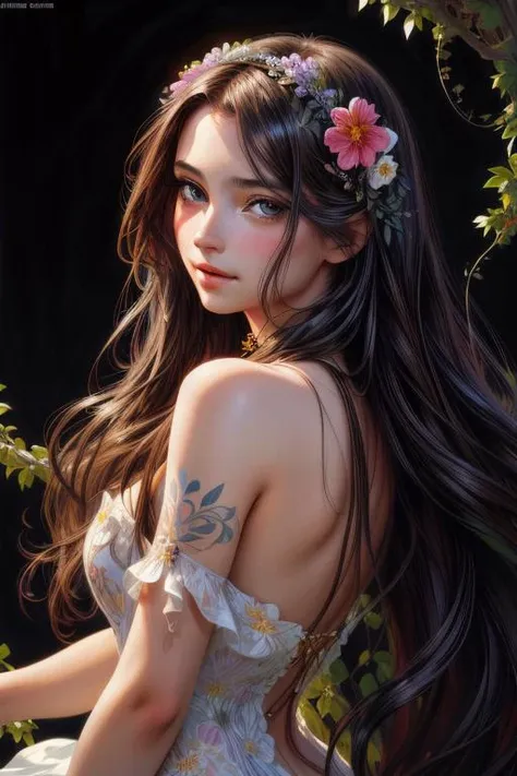 portrait of a beautiful young woman with long hair, wearing an embroidered dress made from flowers and vines. bare shoulders, happy,  by alphonse mucha artgerm lau wlop rossdraws james cameron black background chiaroscuro dramatic lighting perfect composition high definition 8k 1080p oil painting detailed intricate ink illustration canon eos r3 fu <lora:more_details:1>