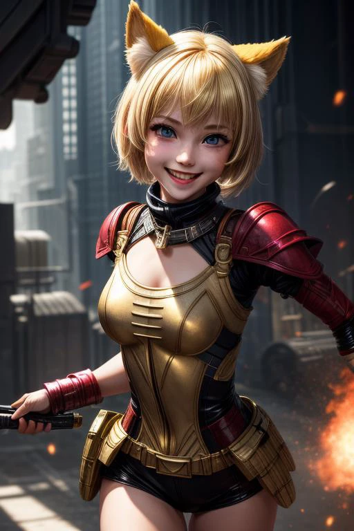 masterpiece,best quality,1girl,solo,antasy,blonde short hair,animal ears,action,dynamic,run,smile <lora:more_details:1>