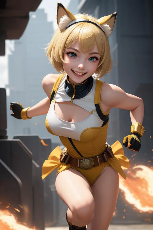 masterpiece,best quality,1girl,solo,antasy,blonde short hair,animal ears,action,dynamic,run,smile