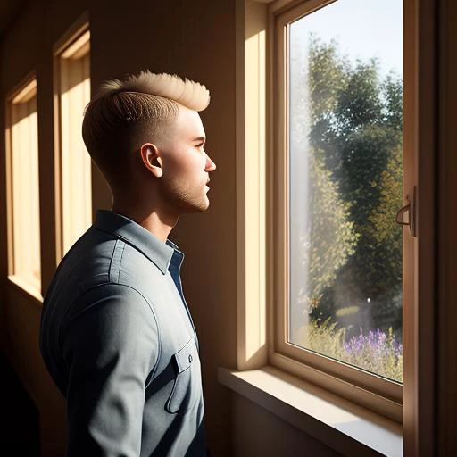 A gorgeous realistic 3d digital artwork of a blonde young man looking throught a sunny window, volumetric light,