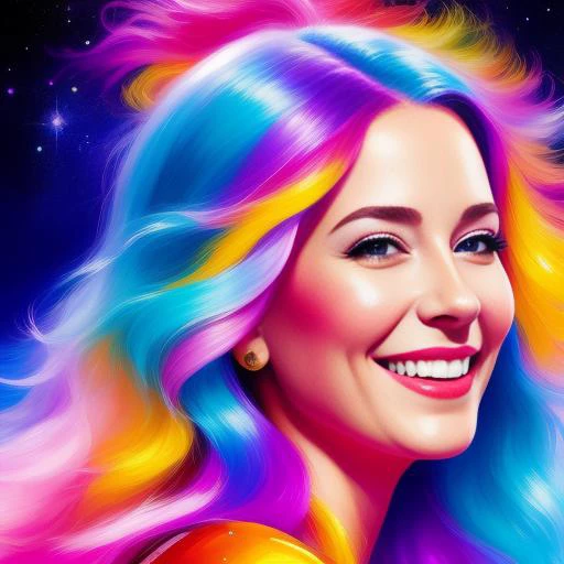 A fantasy Oil vivid dreamy halucinate paint artwork of a woman smiling portrait, detailed, galaxy explosion back ground