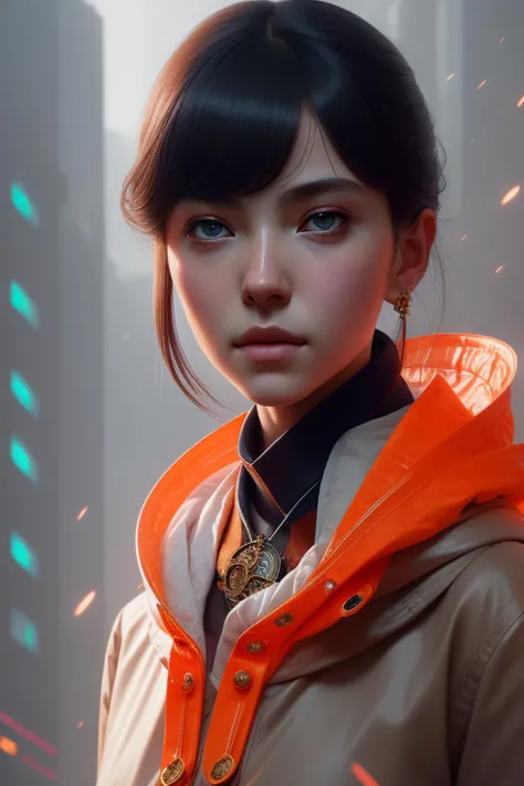 upper body shot photo of the most beautiful artwork in the world featuring a modern female girl, sexy, big eyes, urban tokyo futuristic look, neon lights, night, slow motion, reflections, orange raincoat, intricate detail, nostalgia, heart professional majestic oil painting by Ed Blinkey, Atey Ghailan, Studio Ghibli, by Jeremy Mann, Greg Manchess, Antonio Moro, trending on ArtStation, trending on CGSociety, Intricate, High Detail, Sharp focus, dramatic, photorealistic painting art by midjourney and greg rutkowski