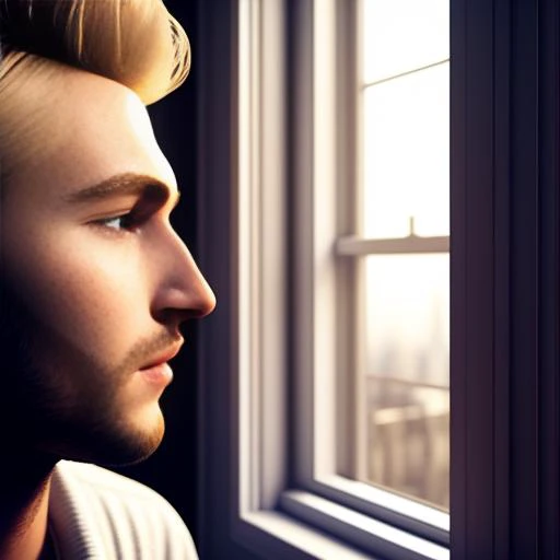 A gorgeous realistic 3d digital artwork of a blonde young man looking throught a sunny window, volumetric light,