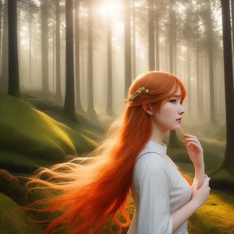 A fantasy Oil  rainbowpatch, realistic anime woman runing a forest, with scatter light, volumetric light, sunny day, luscious forest, long ginger hair, centered on the woman