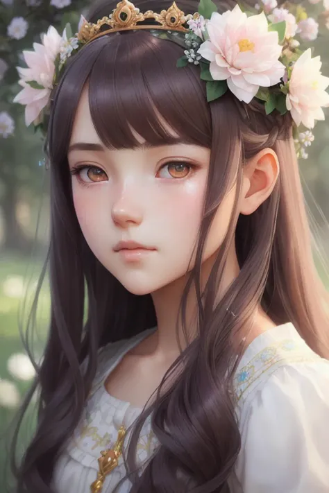 Closeup face portrait of a girl wearing crown of flowers, smooth soft skin, big dreamy eyes, beautiful intricate colored hair, symmetrical, anime wide eyes, soft lighting, detailed face, by makoto shinkai, stanley artgerm lau, wlop, rossdraws, concept art, digital painting, looking into camera