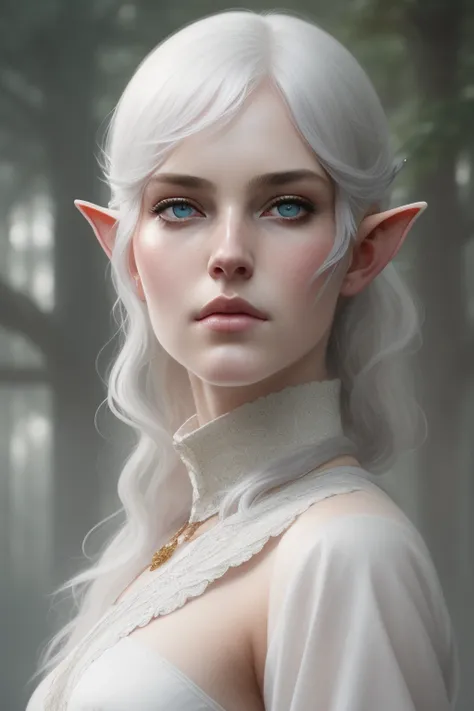 (masterpiece, sidelighting, finely detailed beautiful eyes: 1.2),1girl, breasts, detailed background, (breastplate), professional majestic oil painting, trending on ArtStation, trending on CGSociety, Intricate, High Detail, Sharp focus, dramatic, Elf Ears, ((white Hair)), (((short hair))), older, ((mature woman)), Elf, Drow, detailed eyes, intricate detail, stern expression, dark shadows, detailed shadows, ((mature_female)), Good eye, white pupils, clothes, (highly detailed, majestic), art by artgerm and ruan jia and greg rutkowski, outdoors