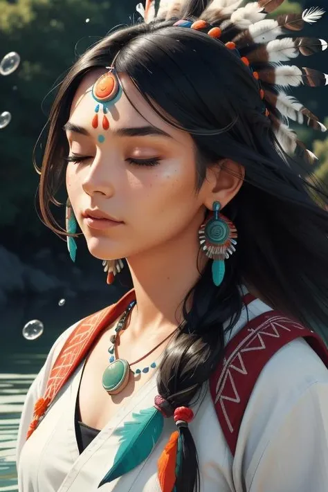 (full portrait, half shot), ((solo)), detailed background, detailed face, wise, (female), (indian, shaman, native american), headdress, mystical, long black hair, braids, (gorgeous face), head tilted upwards, (eyes closed, serene expression), calm, meditating, Seafoam Green frayed clothes, prayer beads, tribal jewelry, feathers, jade, obsidian, detailed clothing, realistic skin texture, (floating particles, water swirling, embers, ritual, whirlwind, wind), foreboding atmosphere, sharp focus, perfect lighting, perfect shading, volumetric lighting, good highlights, good shading, subsurface scattering, intricate, highly detailed, perfect body, (mature adult:1.37), ((cinematic)), dramatic, beautiful, gorgeous, stunning, (highest quality, award winning, masterpiece:1.35), , (comic style), (line art:1.35)