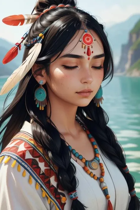 (full portrait, half shot), ((solo)), detailed background, detailed face, wise, (female), (indian, shaman, native american), headdress, mystical, long black hair, braids, (gorgeous face), head tilted upwards, (eyes closed, serene expression), calm, meditating, Seafoam Green frayed clothes, prayer beads, tribal jewelry, feathers, jade, obsidian, detailed clothing, realistic skin texture, (floating particles, water swirling, embers, ritual, whirlwind, wind), foreboding atmosphere, sharp focus, perfect lighting, perfect shading, volumetric lighting, good highlights, good shading, subsurface scattering, intricate, highly detailed, perfect body, (mature adult:1.37), ((cinematic)), dramatic, beautiful, gorgeous, stunning, (highest quality, award winning, masterpiece:1.35), <lora:totempunkai_v20:0.4>, (comic style), (line art:1.35)