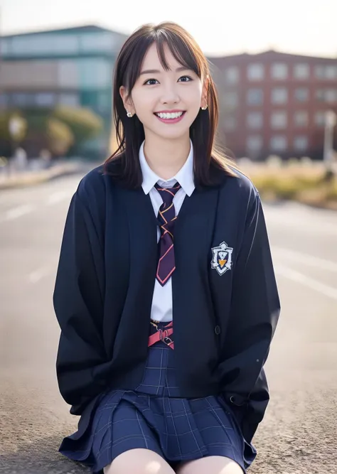 1girl, solo, full body, cute, black hair, (((school uniform, seifuku, fang, teeth))), looking at viewer, facing viewer, earrings, outdoors, city, road, crosswalk, cityscape, mix4, (((masterpiece))), (((realistic))), (((best quality))),((professional lighting)) (((photorealistic))), ((absurdres)), gakki, <lora:gakkiAragakiYui_v2:1> <lora:chilloutmixss_xss10:0.2> <lora:japaneseDollLikeness_v10:0.2> <lora:cuteGirlMix4_v10:0.2>
