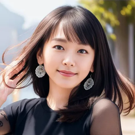 gakki,{best quality}, {{masterpiece}}, {highres}, {an extremely delicate and beautiful}, extremely detailed face, extremely detailed eyes,original, photo, Canon, depth of field, very rough skin,upper body, portrait, looking at viewer, focus on face,1girl, asian female, solo, muscular male, seductive smile , curled hair, long hair, dancing,windy, 1girl, asian female, solo,curled hair, windy, best quality, ultra high res, best quality, ultra high res,(solo:1.4),(looking at viewer:1.331), black hair, blunt bangs, parted bangs, earrings,(eyelashes:1.1), (happy:1.7), (depth of field:1.1), lens flare, (chromatic aberration:1.1), (caustics:1.1),Show one's teeth