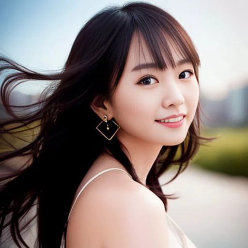 gakki,{best quality}, {{masterpiece}}, {highres}, {an extremely delicate and beautiful}, extremely detailed face, extremely detailed eyes,original, photo, Canon, depth of field, very rough skin,upper body, portrait, looking at viewer, focus on face,1girl, asian female, solo, muscular male, seductive smile , curled hair, long hair, dancing,windy, 1girl, asian female, solo,curled hair, windy, best quality, ultra high res, best quality, ultra high res,(solo:1.4),(looking at viewer:1.331), black hair, blunt bangs, parted bangs, earrings,(eyelashes:1.1), (happy:1.7), (depth of field:1.1), lens flare, (chromatic aberration:1.1), (caustics:1.1),Show one's teeth