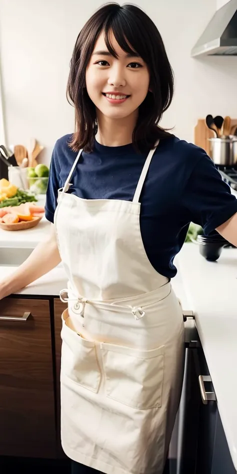 best quality,highly detailed,masterpiece,ultra-detailed,illustration,ultra high res, (photorealistic:1.4,8k),kitchen,1girl,<lora:gakkiAragakiYui_v2:1>,cute,(apron, ),day,grin, face,black hair,clear face,