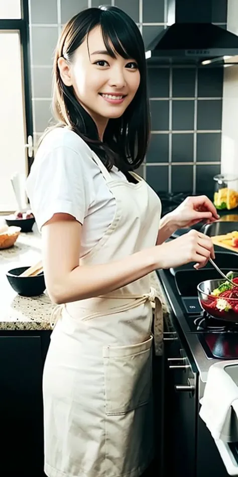 best quality,highly detailed,masterpiece,ultra-detailed,illustration,ultra high res, (photorealistic:1.4,8k),kitchen,1girl,looking at viewer, <lora:gakkiAragakiYui_v2:1>,cute,(apron, ),day,grin, face,black hair,clear face,