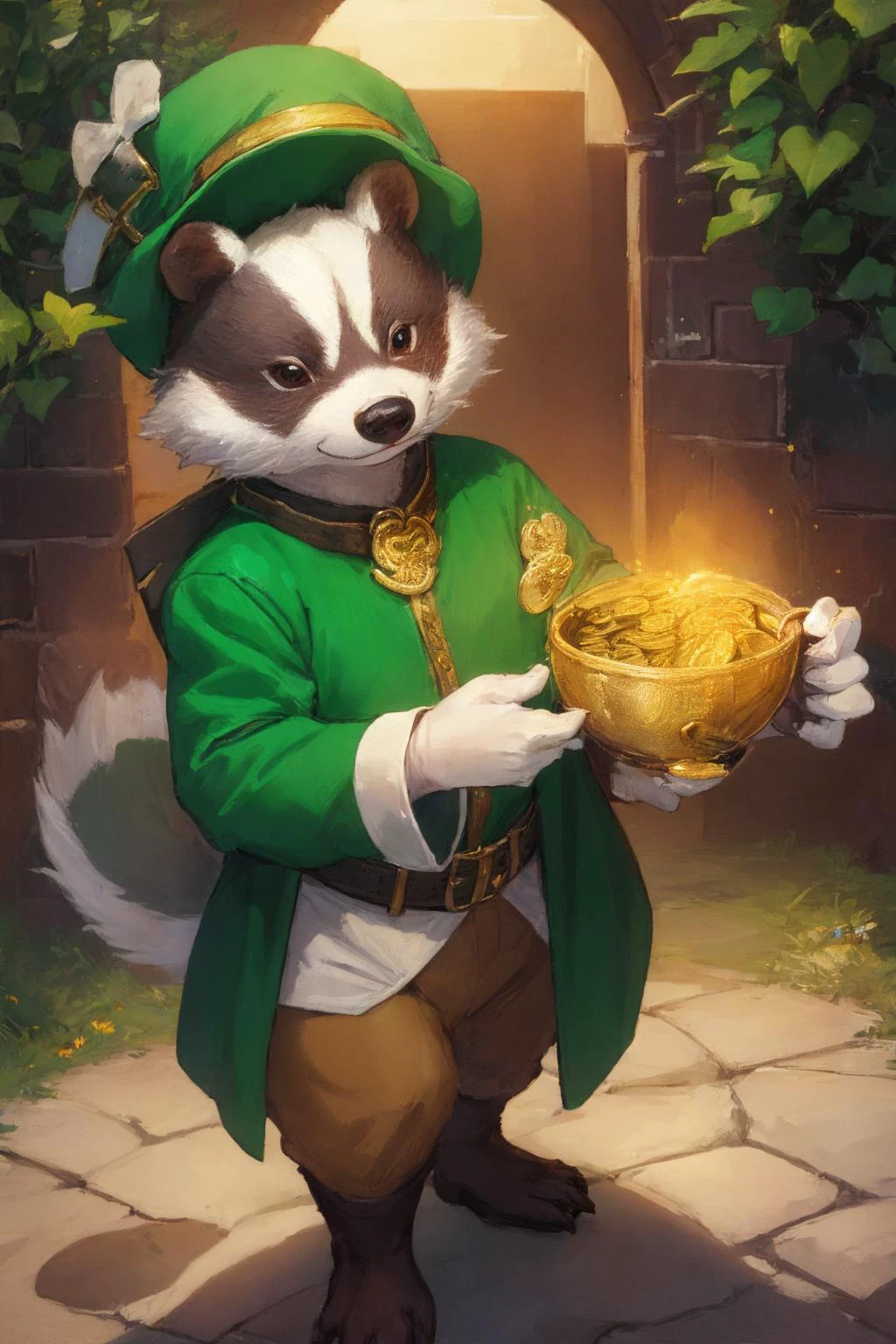 masterpiece, best quality, (anthropomorphic badger), dressed as a leprechaun, pot of gold coins, St. Patrick's day, looking at viewer