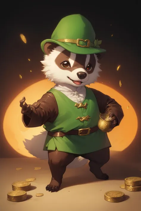 masterpiece, best quality, (anthropomorphic badger), dressed as a leprechaun, pot of gold coins, looking at viewer