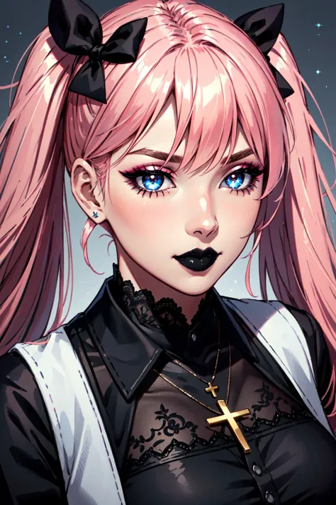 masterpiece, best quality,  1girl,  solo, long hair, twin tails, hair buns,  pink  hair,bangs,  makeup, black lips, lipstick, mascara, eyeshadow,  cross necklace, hair bow, front bow,  lace jacket, sexy, lace gloves, fishnets, black leggings, Pastel goth, dynamic angle, side lighting, shiny skin, detailed eyes, detailed face, water flowing, wind swept hair, glitter