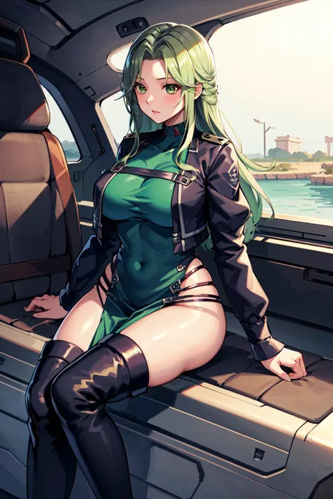 masterpiece, best quality, highres, best quality, highres, lamia1, 1girl, solo, green hair, green eyes, long hair, dress, jacket, parted bangs, black thighhighs, thigh boots, long sleeves, pelvic curtain, large breasts, <lora:lamia_loveless_v1:0.6>, cockpit, sitting,