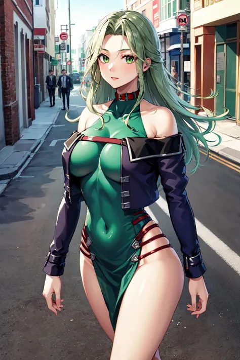 masterpiece, best quality, highres, aalamia, long hair, green hair, parted bangs, collar, off shoulder, cropped jacket, long sleeves, green dress, pelvic curtain, <lora:lamia_loveless_v2:0.7>, walking, street, cowboy shot