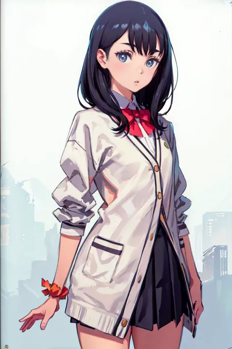 cowboy shot, <lora:Takarada_Rikka-DEF:0.8> rikka, solo, cardigan, wrist scrunchie, pleated skirt, <lora:kuroboshi_kouhaku_style_v01:1>, absurdres, ultra detailed, masterpiece, best quality, aesthetic, detailed,