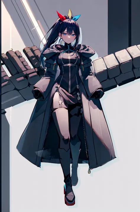 solo, <lora:Diva_Rikka-DEF:0.7> rikkadiva, ponytail, thigh tattoo, <lora:OrganizationXIIICoat:1> Organization XIII Coat, hood down, (hollow bastion, white castle, castle indoors:1.3),, absurdres, ultra detailed, masterpiece, best quality, aesthetic, detailed,