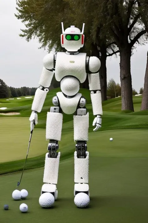 <lora:g0lfb4ll_v1:1>, high quality, high resolution, robot made of golf balls,