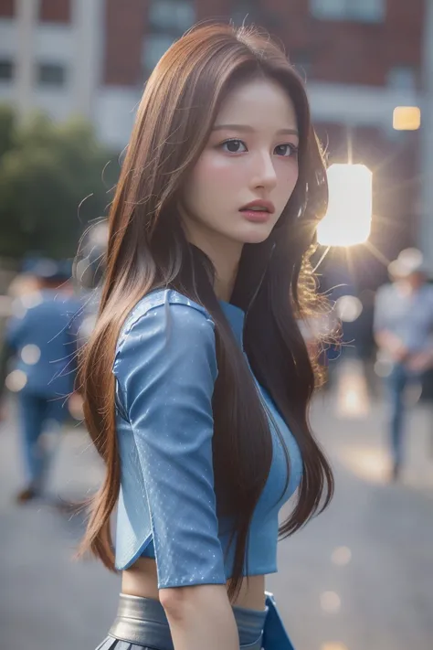 (best quality:1.2), lifelike texture, perfect eyes, glossy lips, photorealistic, ultra detailed, extremely detailed face, detailed skin, cowboy shot, looking at viewer, lens flare, from front, blue crop top, miniskirt, outdoors, street, urban, daylight, seolyoona <lora:sullyoonOTW_v1e:1>