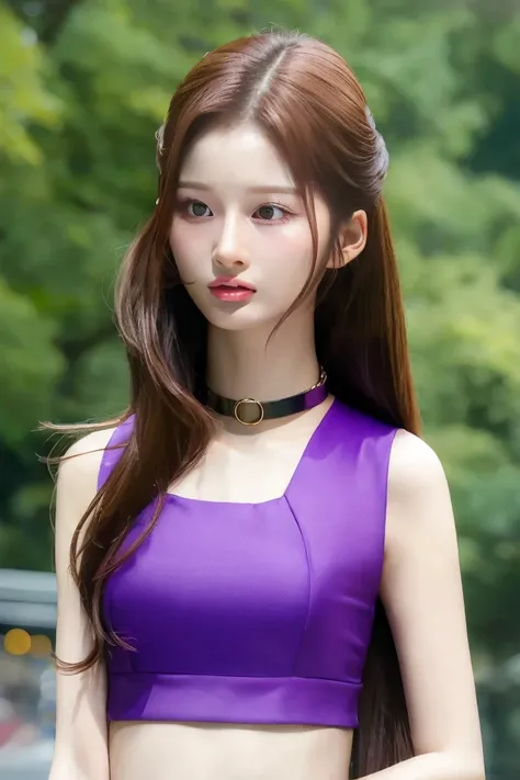 <lora:sullyoonOTW_v1e:1> seolyoona, best quality, looking away, open mouth, (photorealistic:1.2), choker, purple crop top, outdoors, park, [detailed face:0.2], detailed skin