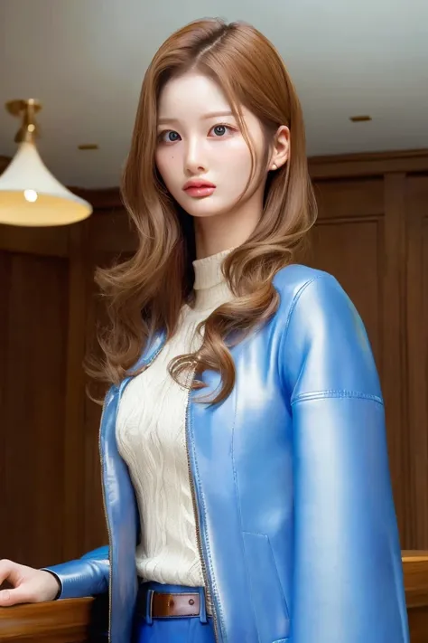 (best quality:1.2), lifelike texture, perfect eyes, glossy lips, photorealistic, ultra detailed, extremely detailed face, detailed skin, indoors, bar, blonde hair, short hair, blue open jacket, white shirt, [detailed face:0.2], detailed skin, seolyoona <lora:sullyoonOTW_v1e:1>