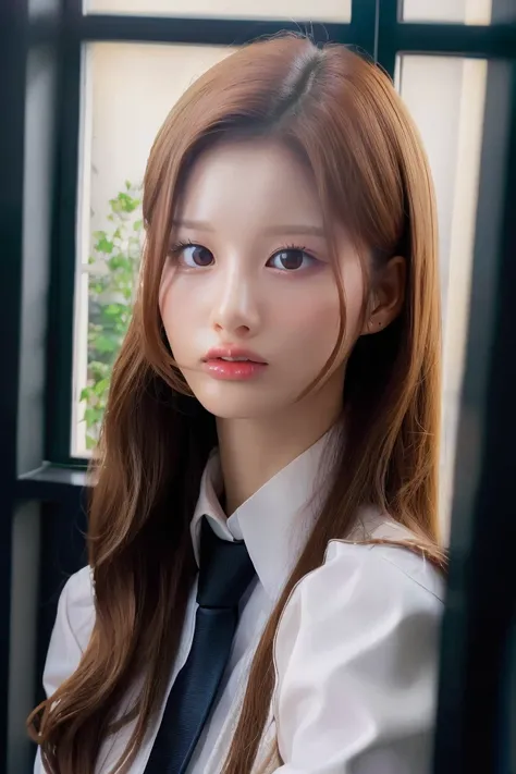 (best quality:1.2), lifelike texture, perfect eyes, glossy lips, photorealistic, ultra detailed, extremely detailed face, detailed skin, blonde hair, white collared shirt, black necktie, indoors, classroom, window, daylight, seolyoona <lora:sullyoonOTW_v1e:1> <lora:theovercomer8sContrastFix_sd15:0.5>