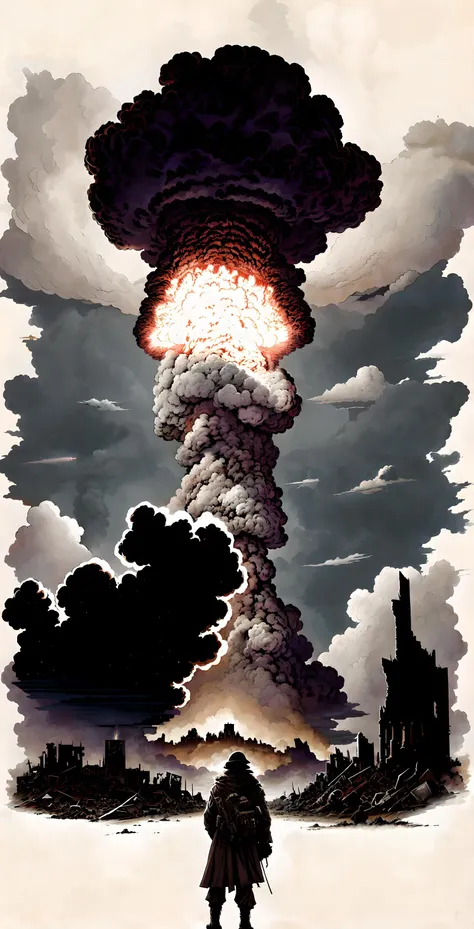 tw2k4estyle, an nuclear bomb mushroom cloud erupting over a ruined ashen wasteland with an american soldier looking up towards it, muted palette, high quality, highly detailed, symmetrical <lora:twilight2000-4e-beta1-64:0.9>