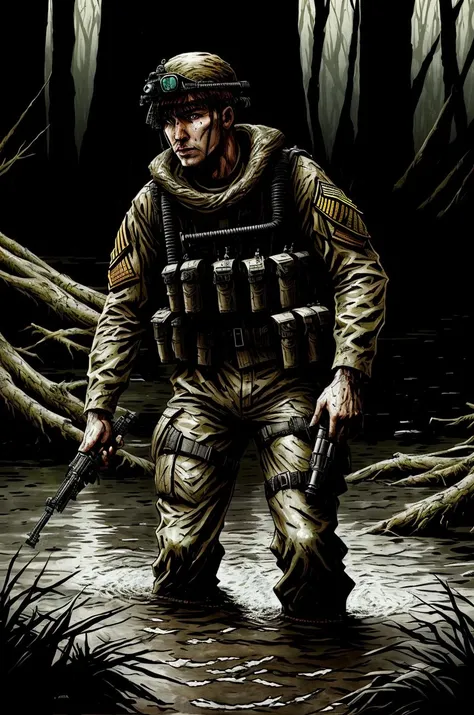 tw2k4estyle, a male special operations soldier wading in a dismal swamp, drawing, high quality, highly detailed, intricate background <lora:twilight2000-4e-beta1-64:0.9>