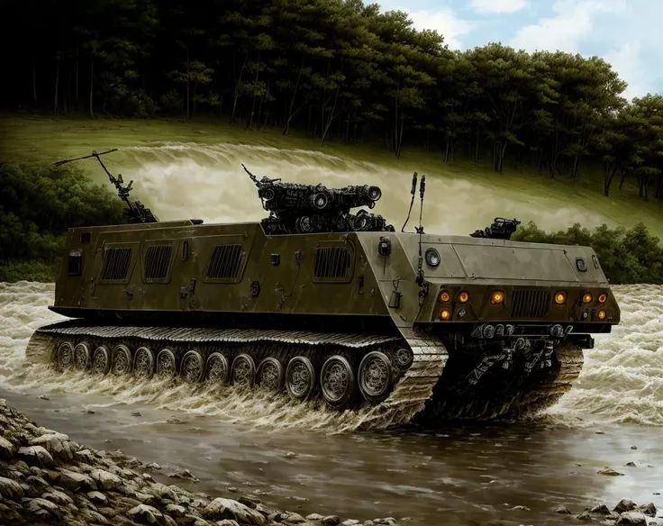 tw2k4estyle, an armored personnel carrier fording a river, drawing, apc, high quality, highly detailed, intricate background, caterpillar tread <lora:twilight2000-4e-beta1-64:0.9>