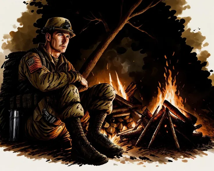 tw2k4estyle, a soldier sitting by a campfire, drawing, high quality, highly detailed, intricate background <lora:twilight2000-4e-beta1-64:0.9>