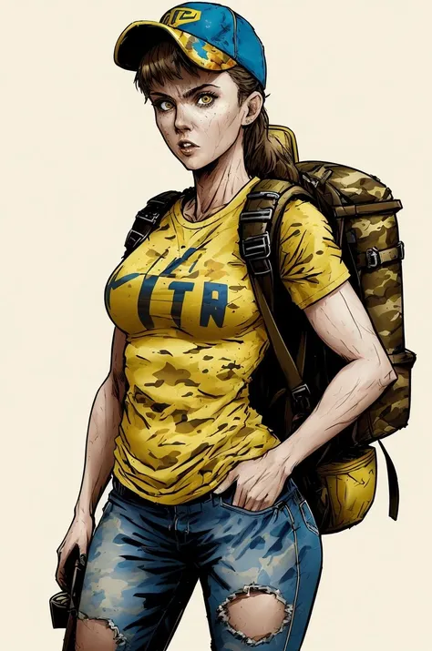 tw2k4estyle, full body shot portrait of a woman wearing a yellow t-shirt and a blue ball cap with a camo backpack slung on her back, dirty, detailed face, detailed eyes, high quality, highly detailed<lora:twilight2000-4e-beta1-64:0.9>