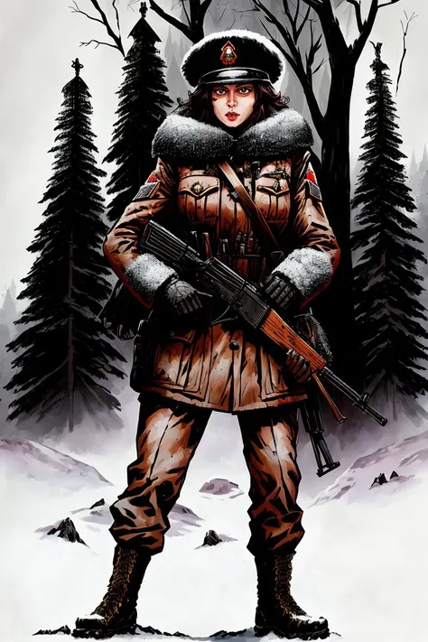 tw2k4estyle, a woman soldier holding an ak-47 standing in ashen snowy woods, Kalashnikov assault rifle, soviet military uniform, solo, [ushanka] hat, drawing, high quality, highly detailed, intricate background, dead trees <lora:twilight2000-4e-beta1-64:0.9>